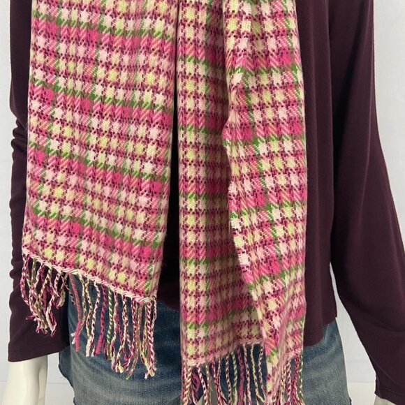 Scottish 100% Cashmere Scarf - Pink, Red, Green & Yellow Plaid w/ Fringe 64 in. - Picture 3 of 7